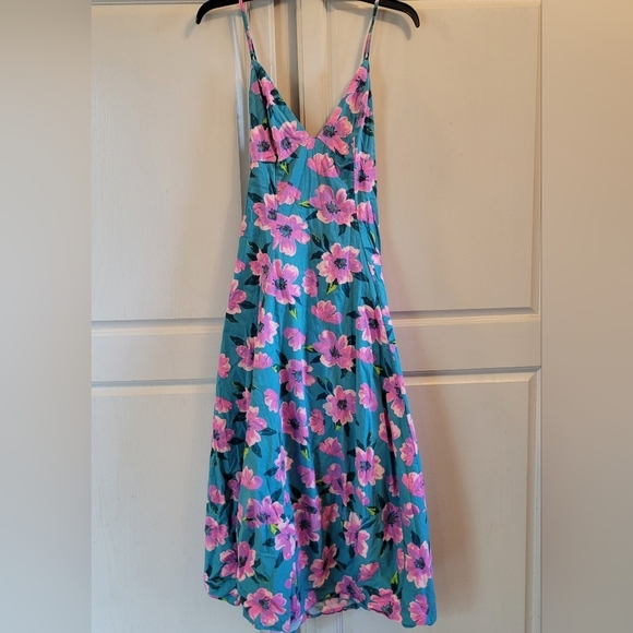 Free People Teal Pink Floral Open Back Midi Dress - Picture 2 of 11